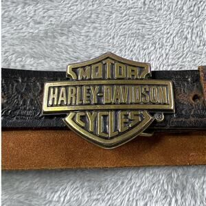Vintage Harley Davidson Bar Shield Buckle Leather Belt Brown Biker Motorcycle XL